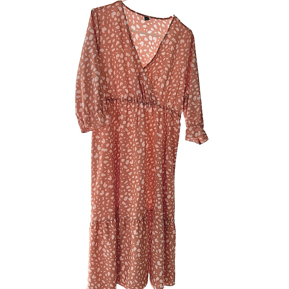 SHEIN 1X modest midi pink and white dress elastic waist 3/4 sleeves